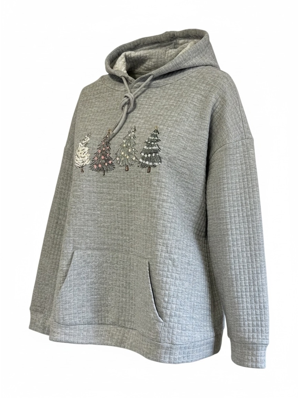 Women's XL Grey Quilted Waffle Christmas Tree Hoodie Holiday Pullover Sweatshirt